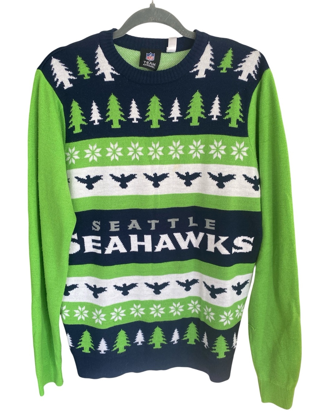 NFL Seattle Seahawks Navy & Bright Green Holiday Crewneck Sweater